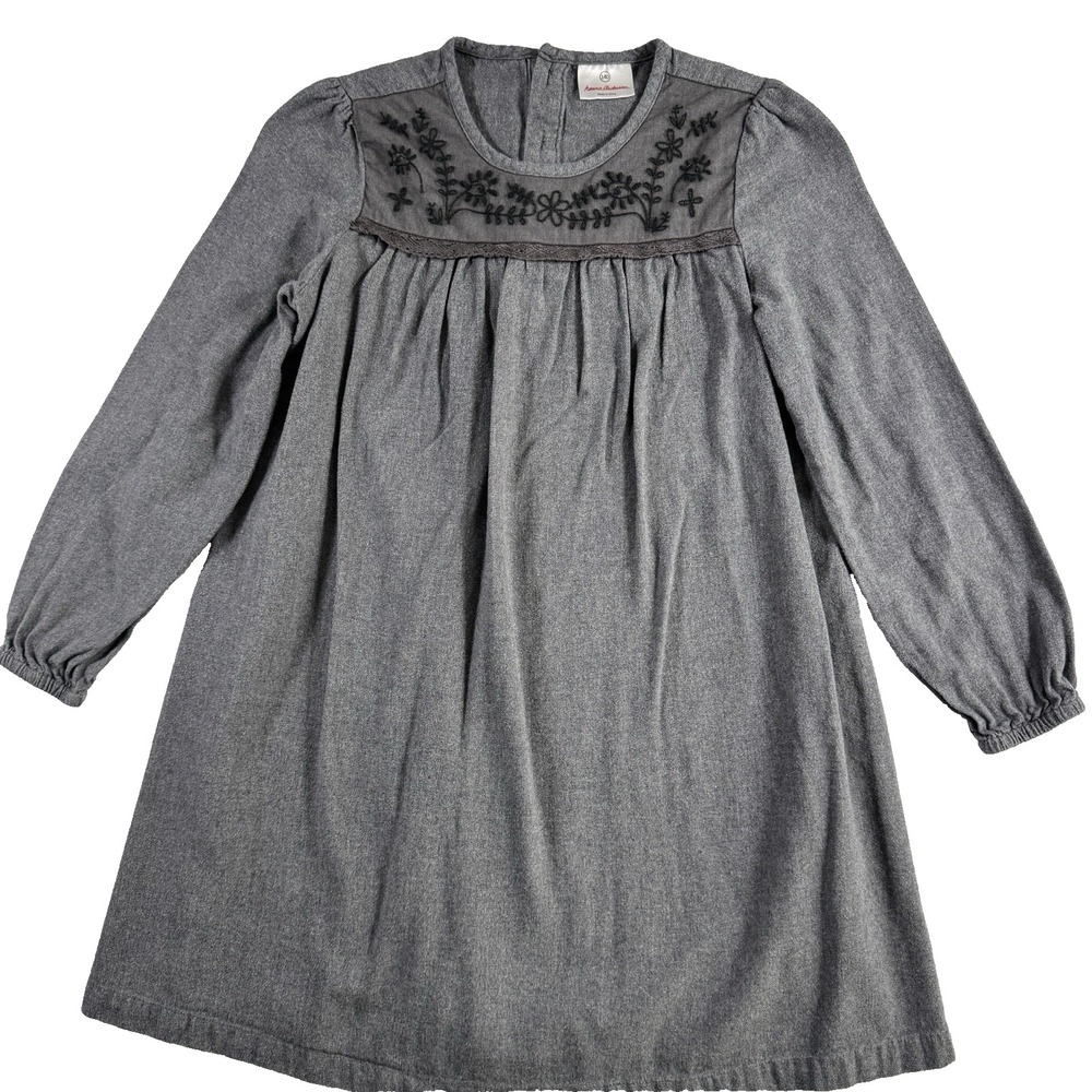Hanna Andersson Embroidered Mesh Yoke Dress Girls 140 Grey Long Sleeve Flannel